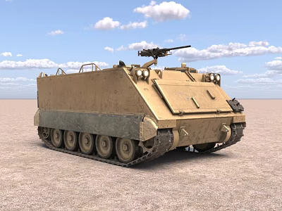 Military Desert Armored Tank With Tracks And Machine Gun In Open Terrain Under Cloudy Sky 3d model