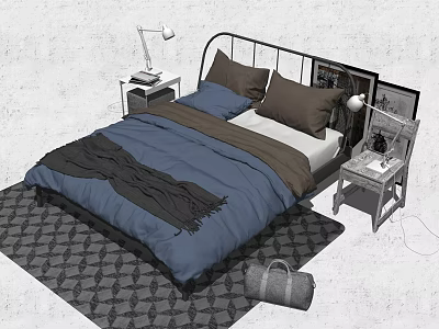Double Bed With Blue And Brown Bedding Nightstand Lamp Side Table Patterned Rug Wall Art 3d model