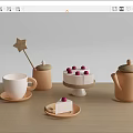 Assorted Table Items With Star Wooden Spoon Jar Cup Saucer Cake And Teapot