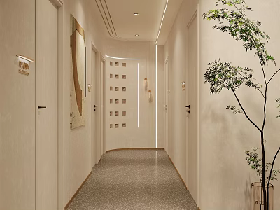 Long Elevator Hallway With Light Colored Walls Decorative Painting Ceiling Lights And Green Plant 3d model