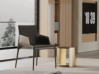 Modern Black Leather Accent Chair In Living Room With Gold Side Table 3d model