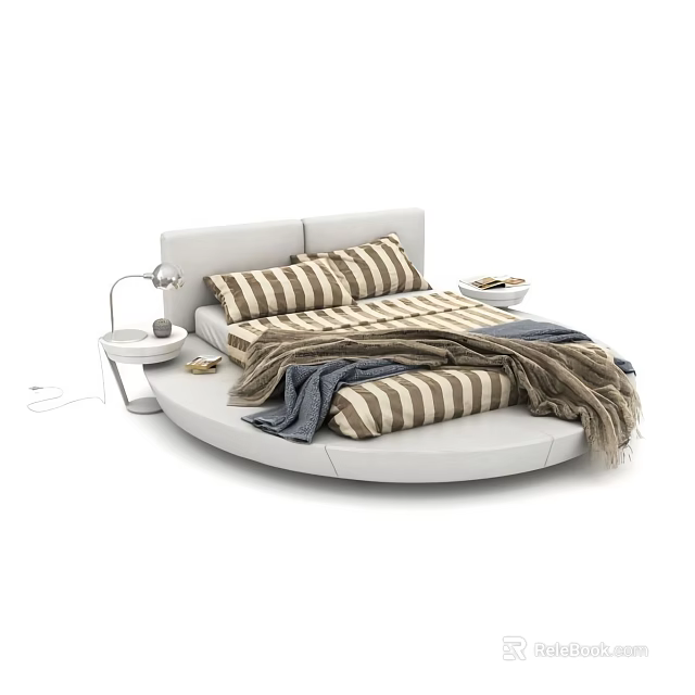 Round Bed with White Headboard Striped Pillows Bedspread and Nightstand Table Lamp 3d model 