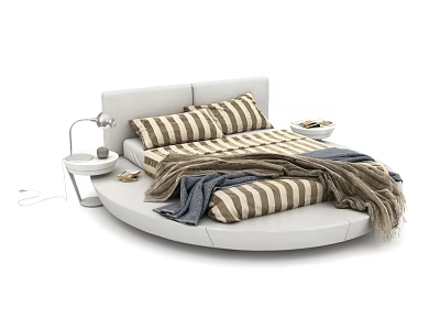 Round Bed with White Headboard Striped Pillows Bedspread and Nightstand Table Lamp 3d model