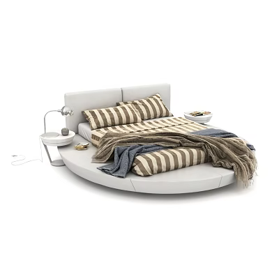 Round Bed with White Headboard Striped Pillows Bedspread and Nightstand Table Lamp 3d model