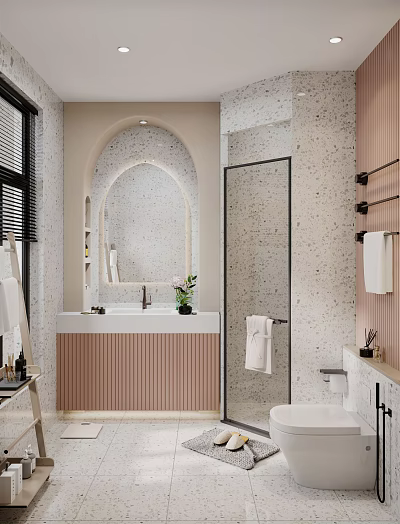 Modern Bathroom Interior Design With Arched Mirror Terrazzo Shower Pink Cabinet Small Plant And Towel 3d model