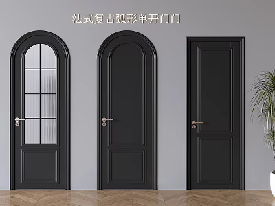 French Vintage Arched Single Swing Doors In Black With Glass Pane Design 3d model