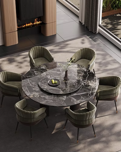 Elegant Restaurant Interior With Round Marble Dining Table Green Chairs Flower Vase And Fruits 3d model