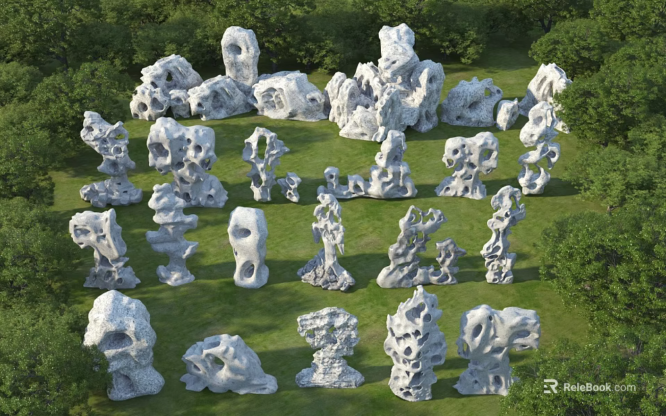 Natural Taihu Stones and Wooden Accents Arranged on Green Lawn Area 3d model 