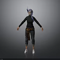 Woman With Purple Hair Blue Horns Black Top Plaid Accent Black Pants White Shoes