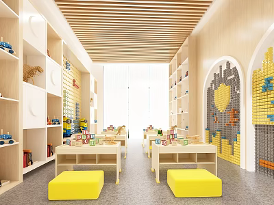 Bright Child Friendly Book Art Space with Bookshelves Tables Yellow Stools and Building Block Decorations 3d model
