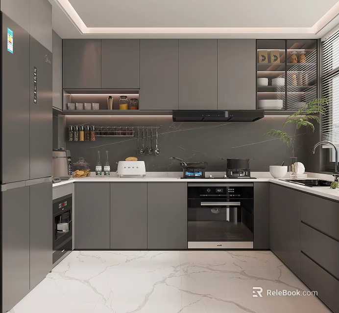 Modern Kitchen Interior Design With Gray Cabinets Marble Countertops Glass Door Cabinets And Appliances 3d model 