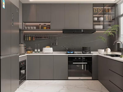 Modern Kitchen Interior Design With Gray Cabinets Marble Countertops Glass Door Cabinets And Appliances 3d model