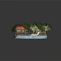 Cartoon Tropical Island Scene With Palm Trees Wooden Hut Slide And Swimming Pool