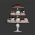 Three Tier Cupcake Stand With Fresh Strawberries And Cream Topped Cupcakes