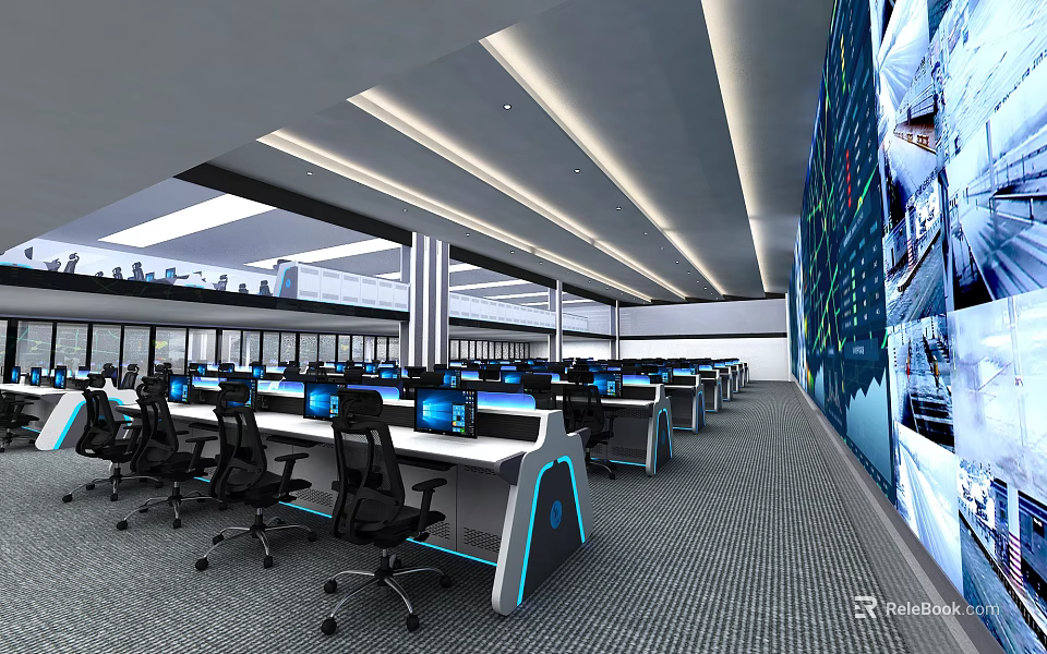 Modern Monitoring Room With Control Desks Multiple Computers Office Chairs And Large Screen Wall 3d model 