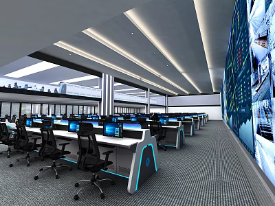 Modern Monitoring Room With Control Desks Multiple Computers Office Chairs And Large Screen Wall 3d model