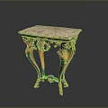 Ornate Functional Table With Marble Top Gold Carved Legs And Green Decorative Accents