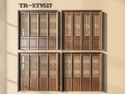 Four Panel Traditional Chinese Wooden Carved Screens With Intricate Patterns 3d model