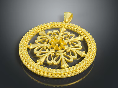 Elegant Gold Circular Pendant Accessory With Intricate Pattern And Beaded Border 3d model