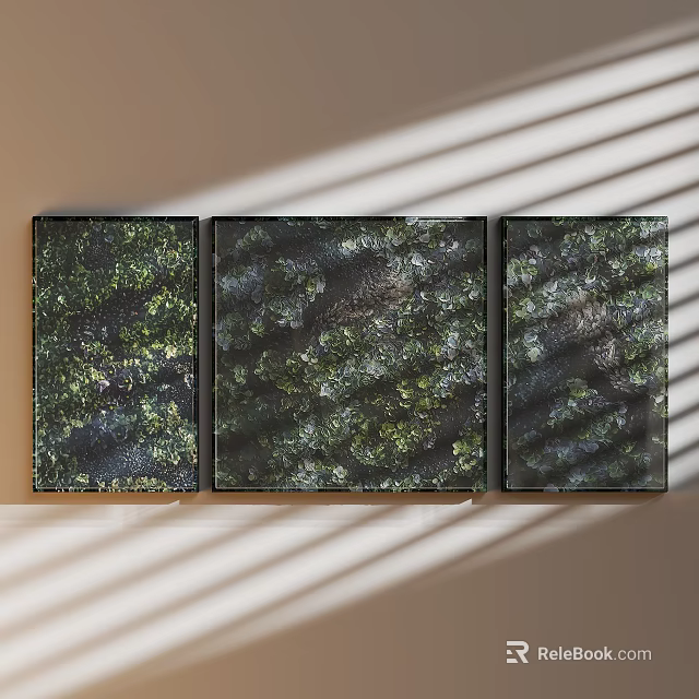 Three Panel Green Plant Texture Wall Art Hanging With Light Shadows On Wall 3d model