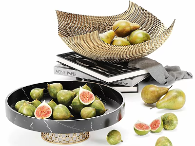 Fresh Figs and Pears Displayed in Woven Basket and Marble Bowl with Stacked Books 3d model