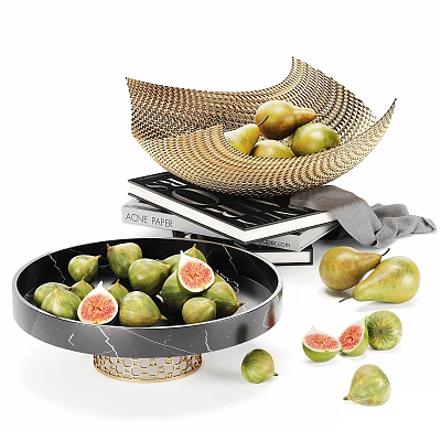 Fresh Figs and Pears Displayed in Woven Basket and Marble Bowl with Stacked Books 3d model