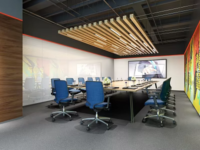 Modern Conference Room With Long Table Blue Chairs Large Screen Colorful Murals And Wooden Decor 3d model