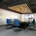 Modern Conference Room With Long Table Blue Chairs Large Screen Colorful Murals And Wooden Decor