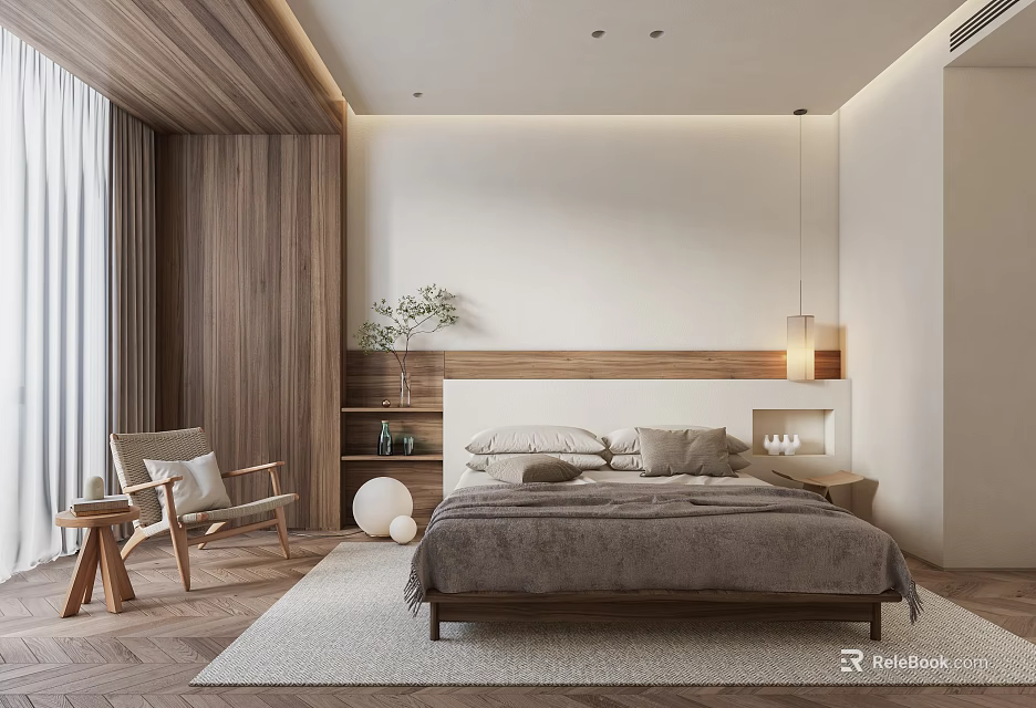 Modern Hotel Guest Room With Wooden Elements Bed Armchair Rug And Pendant Light 3d model 