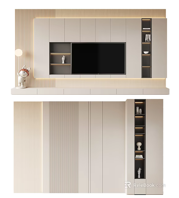 Modern TV Wall Design With Floating Shelves Decorative Ornaments And Ambient Lighting 3d model 
