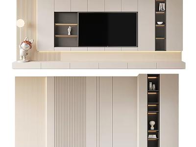 Modern TV Wall Design With Floating Shelves Decorative Ornaments And Ambient Lighting 3d model