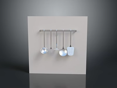 Kitchen Utensils Hanging On Metal Rack With White Board Spoons Spatula Slotted Spoon Set 3d model