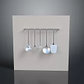 Kitchen Utensils Hanging On Metal Rack With White Board Spoons Spatula Slotted Spoon Set