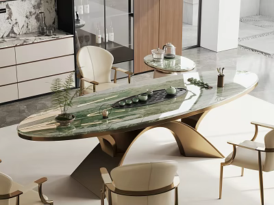 Modern Tea Table and Chairs with Elegant Marble Top and Cream White Seats 3d model