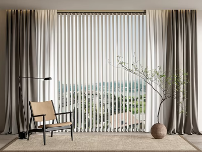 Elegant Neutral Tones Linen Curtains With Blinds in Living Room Window With Chair Plant 3d model