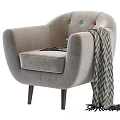 Stylish Gray Upholstered Single Sofa With Button Tufted Back Armrests And Chevron Throw Blanket 3d model