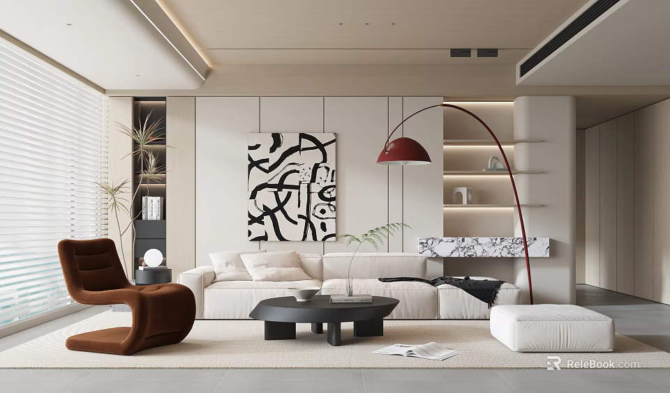 Elegant Modern Living Room with Beige Sofa Brown Armchair Red Floor Lamp and Abstract Painting 3d model 