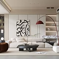 Elegant Modern Living Room with Beige Sofa Brown Armchair Red Floor Lamp and Abstract Painting