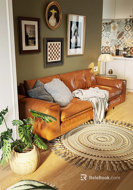 Brown Leather Sectional Sofa with Grey Throw Pillows White Blanket and Green Plants in Living Room 3d model 