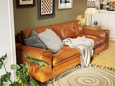 Brown Leather Sectional Sofa with Grey Throw Pillows White Blanket and Green Plants in Living Room 3d model