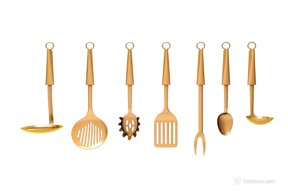 Golden Kitchen Utensils Set Featuring Hanging Loops and Various Cooking Tools 3d model