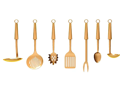 Golden Kitchen Utensils Set Featuring Hanging Loops and Various Cooking Tools 3d model