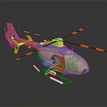 Yellow Emergency Helicopter with Red Black Striped Rotors and Green Accents on Reflective Surface