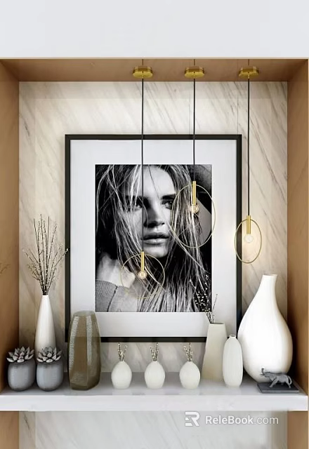 Decorative Vase With Flower Arrangement In Modern Interior With Framed Artwork And Hanging Lights 3d model 
