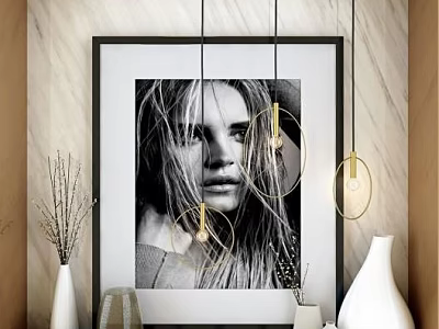 Decorative Vase With Flower Arrangement In Modern Interior With Framed Artwork And Hanging Lights 3d model