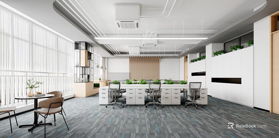 Spacious Modern Office Interior Featuring Workstations Ergonomic Chairs Greenery And Natural Light 3d model
