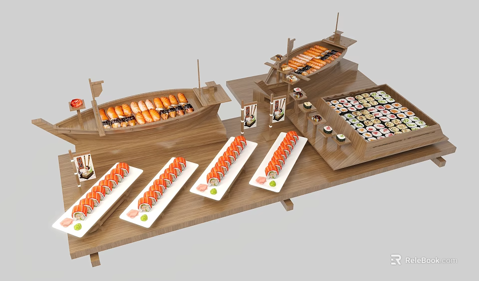 Assorted Sushi Platter With Wooden Boat Containers And Various Sushi Rolls 3d model 