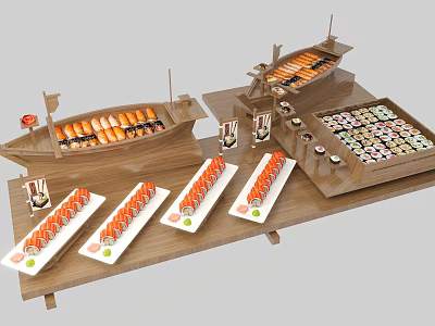 Assorted Sushi Platter With Wooden Boat Containers And Various Sushi Rolls 3d model