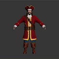 Man In Red Pirate Costume With Yellow Trim Hat Brown Belt And Boots