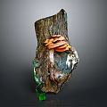 Natural Wood Stone Stump Sculpture With Orange Mushrooms And Detailed Texture